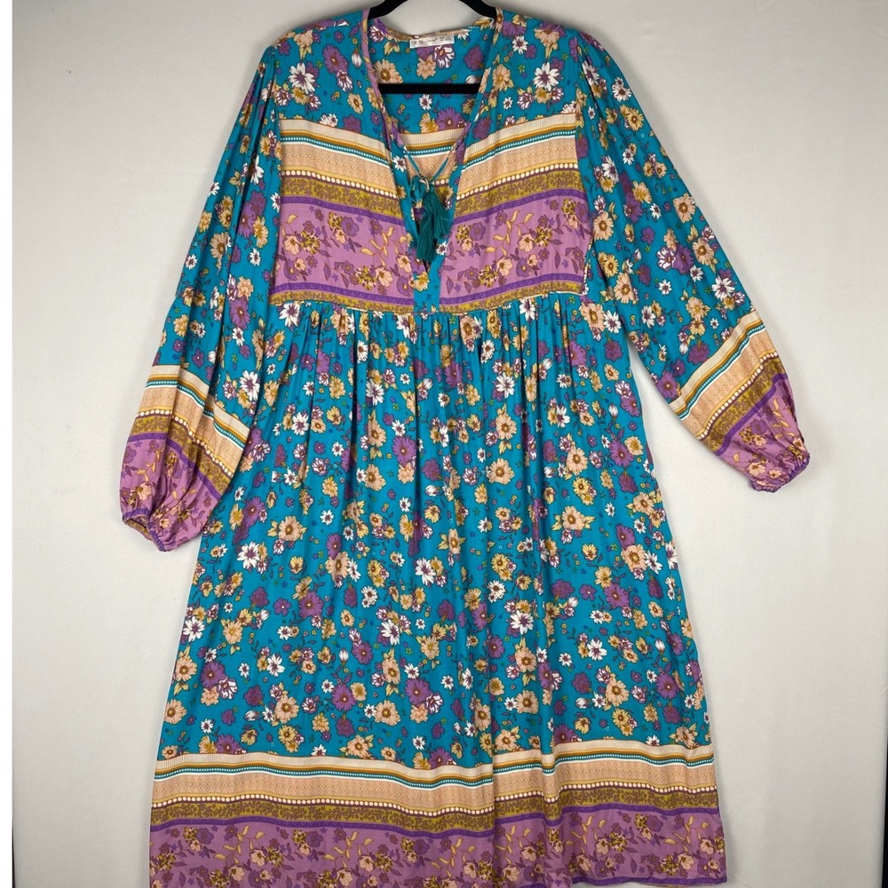 R. Vivimos Womens Floral Boho Midi Dress Turquoise Purple Tassel Tie Large 12/14